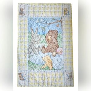 Vintage Baby Blanket Crib Quilt Bunny, Bear and Puppy Handmade Embroided
